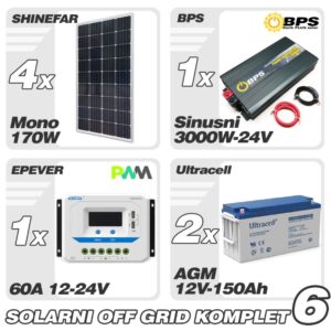 Solarni fotonaponski off grid komplet 6 monokristalni 24V-230V